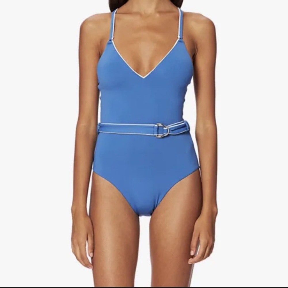 C1 Seafolly One Piece Swimsuit Women's Belt Deep V MarianaBlu Blue Size 10 Beach